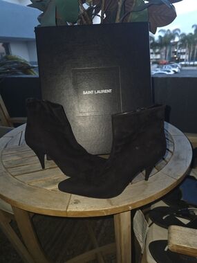 Saint Laurent Black Suede Pointed Toe Ankle Booties with Kitten Heel